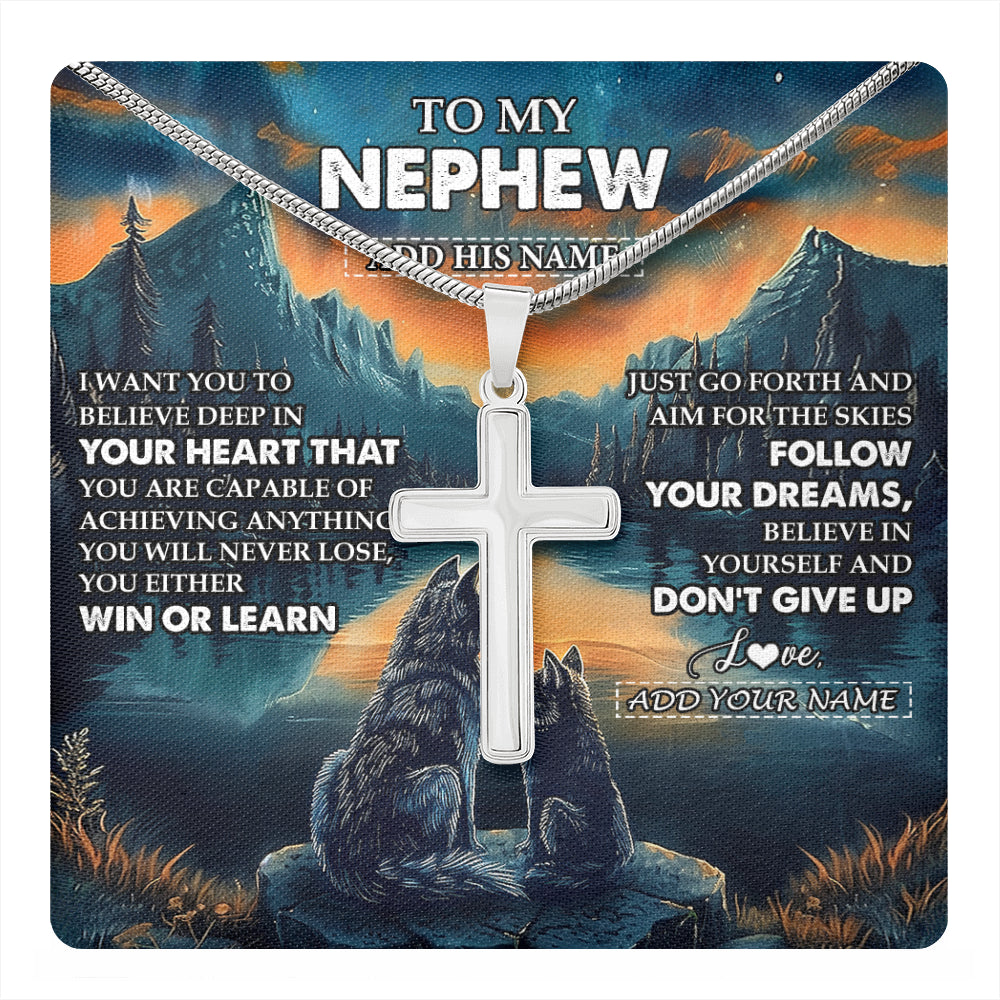 Stainless Cross Necklace Stainless Steel | 1 | Personalized To My Nephew Gifts From Aunt Uncle Necklace Don't Give Up Wolf Gifts For Nephew Birthday Graduation Christmas Customized Gift Box Message Card | teecentury