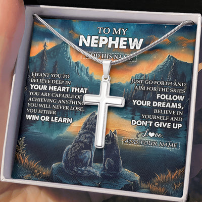 Stainless Cross Necklace Stainless Steel | 2 | Personalized To My Nephew Gifts From Aunt Uncle Necklace Don't Give Up Wolf Gifts For Nephew Birthday Graduation Christmas Customized Gift Box Message Card | teecentury