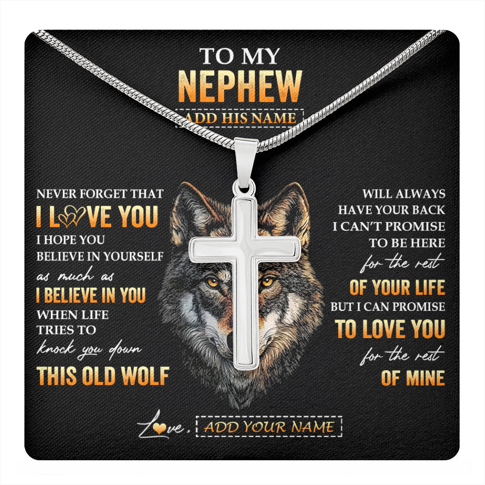 Stainless Cross Necklace Stainless Steel | 1 | Personalized To My Nephew Gifts From Uncle Aunt Auntie Necklace Old Wolf Love You Nephew Birthday Gifts Graduation Christmas Customized Gift Box Message Card | teecentury