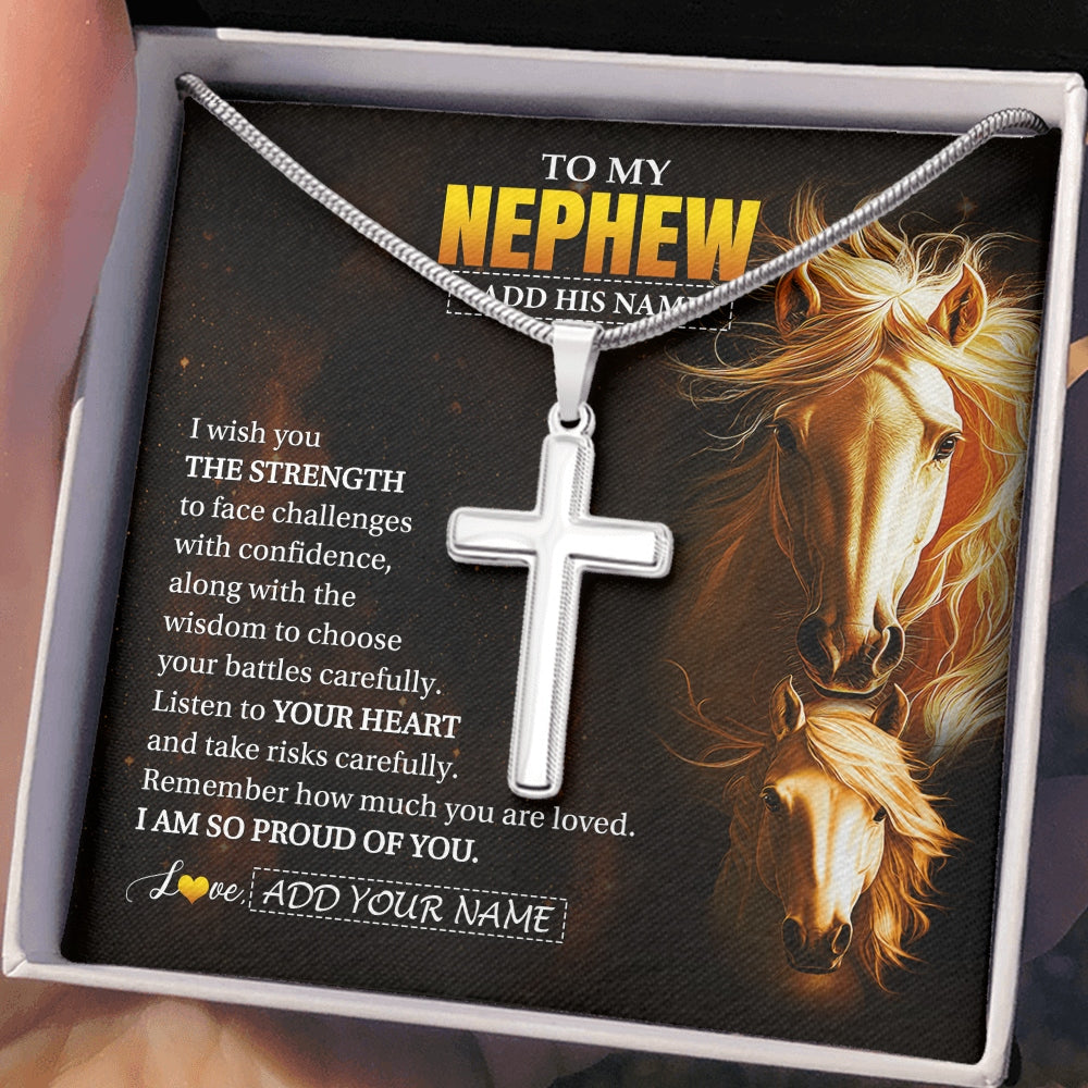 Stainless Cross Necklace Stainless Steel | 2 | Personalized To My Nephew Gifts Necklace From Aunt Uncle Auntie I Wish You The Strength Horse Nephew Birthday Gifts Christmas Graduation Gift Box Message Card | https://teecentury.