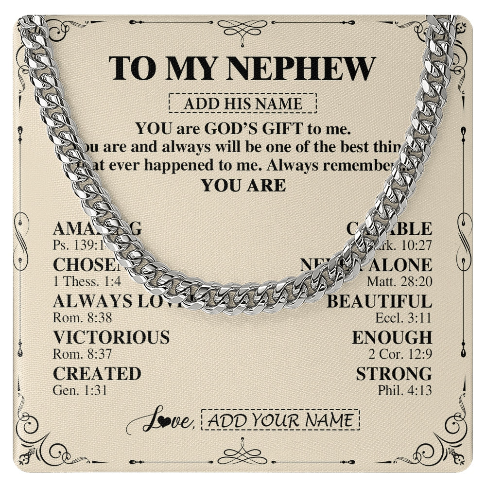 Cuban Link Chain Necklace Stainless Steel | 1 | Personalized To My Nephew Gifts Necklace From Aunt Uncle You Are God's Gift To Me Aunt Nephew Birthday Gifts Christmas Christian Custom Gift Box Message Card | https://teecentury.