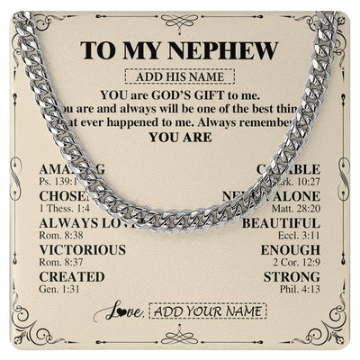 Cuban Link Chain Necklace Stainless Steel | 1 | Personalized To My Nephew Gifts Necklace From Aunt Uncle You Are God's Gift To Me Aunt Nephew Birthday Gifts Christmas Christian Custom Gift Box Message Card | https://teecentury.