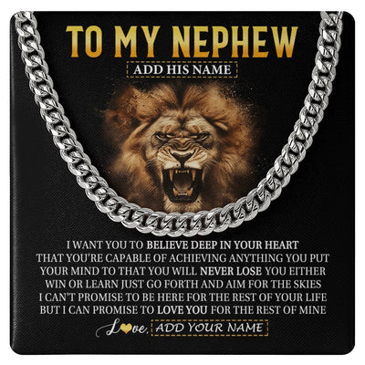 Cuban Link Chain Necklace Stainless Steel | 1 | Personalized To My Nephew Gifts Necklace From Uncle Aunt Believe In Your Heart Lion Nephew Birthday Gifts Graduation Christmas Custom Gift Box Message Card | https://teecentury.