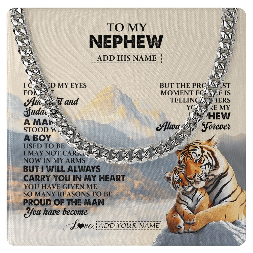 Cuban Link Chain Necklace Stainless Steel | 1 | Personalized To My Nephew Gifts Necklace Tiger From Aunt Uncle Auntie You Are My Nephew Birthday Gifts Graduation Christmas Custom Gift Box Message Card | https://teecentury.