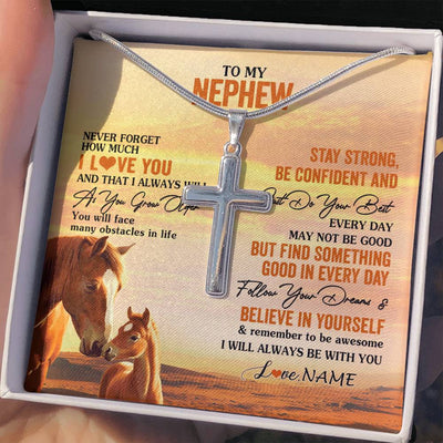 Stainless Cross Necklace Stainless Steel | 2 | Personalized To My Nephew I Love You Forever Necklace From Uncle Aunt Auntie Horse Nephew Birthday Gifts Graduation Christmas Customized Gift Box Message Card | teecentury