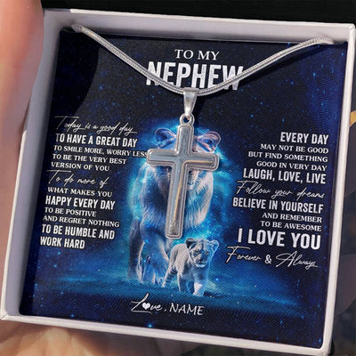 Stainless Cross Necklace Stainless Steel | 2 | Personalized To My Nephew Lion Necklace From Aunt Auntie Today Is A Good Day Nephew Gifts Birthday Graduation Christmas Customized Gift Box Message Card | teecentury