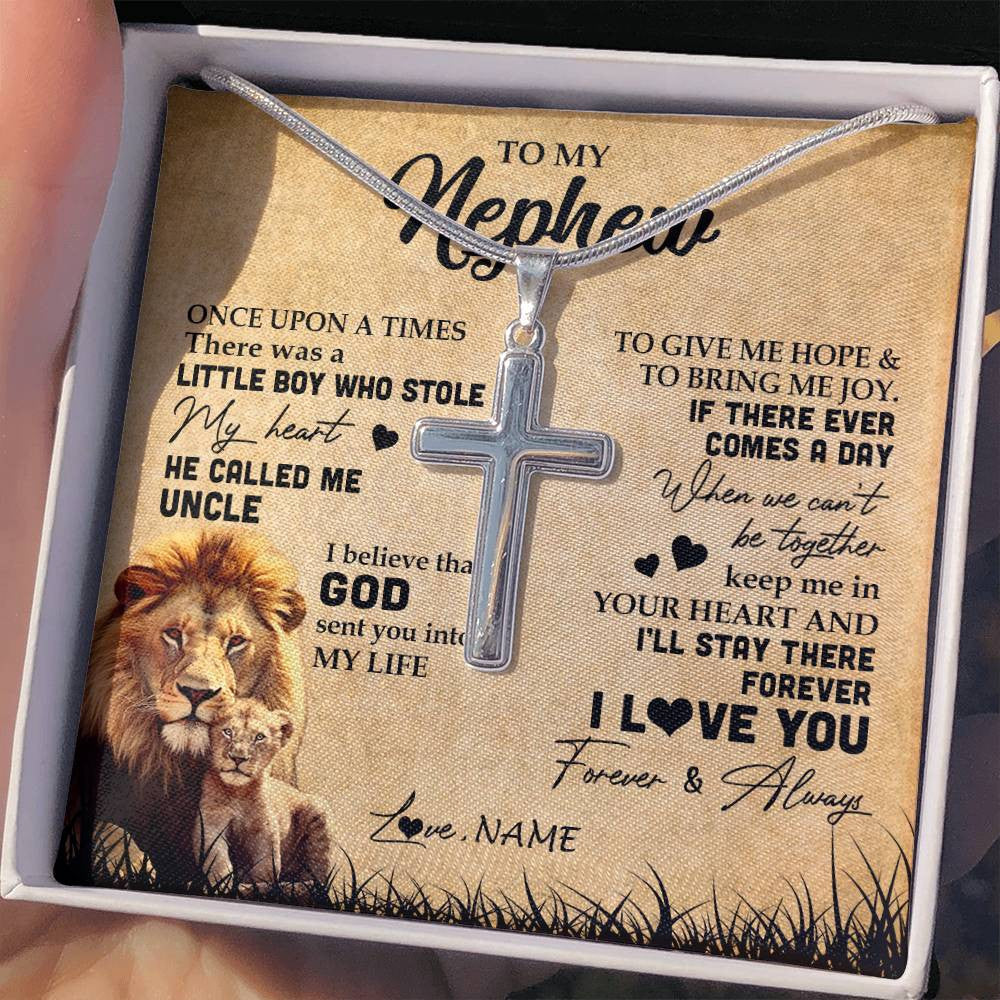 Stainless Cross Necklace | Personalized To My Nephew Lion Necklace From Uncle I'll Stay There Forever Nephew Birthday Graduation Christmas Customized Gift Box Message Card | teecentury