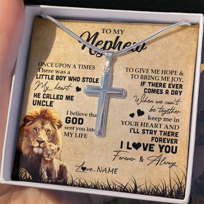 Stainless Cross Necklace | Personalized To My Nephew Lion Necklace From Uncle I'll Stay There Forever Nephew Birthday Graduation Christmas Customized Gift Box Message Card | teecentury