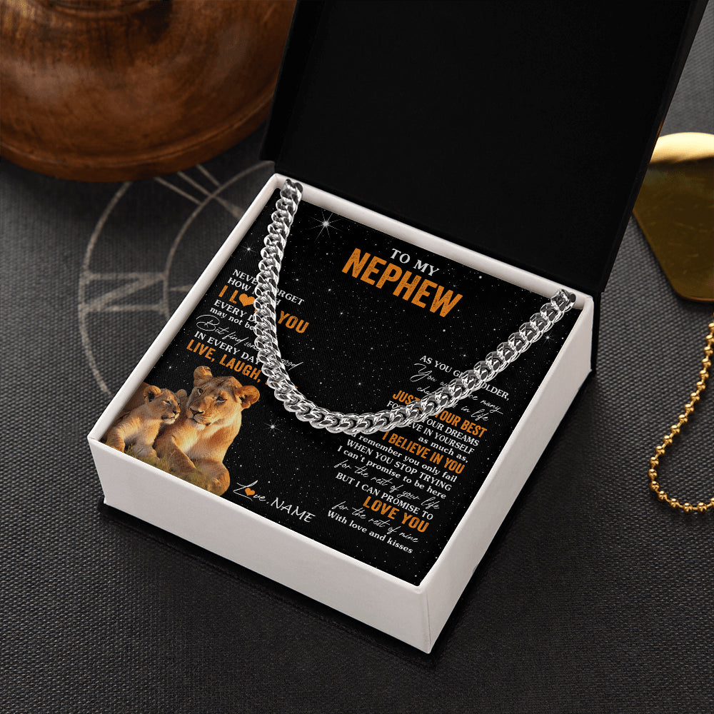 Cuban Link Chain Necklace Stainless Steel | 2 | Personalized To My Nephew Necklace From Aunt Auntie Live Laugh Love Lion Nephew Birthday Gifts Positive Graduation Christmas Customized Gift Box Message Card | teecentury