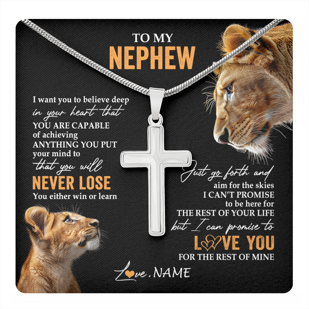 Stainless Cross Necklace Stainless Steel | 1 | Personalized To My Nephew Necklace From Aunt Auntie You Will Never Lose Lion Nephew Birthday Gifts Graduation Christmas Customized Gift Box Message Card | teecentury