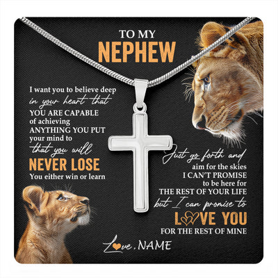 Stainless Cross Necklace Stainless Steel | 1 | Personalized To My Nephew Necklace From Aunt Auntie You Will Never Lose Lion Nephew Birthday Gifts Graduation Christmas Customized Gift Box Message Card | teecentury