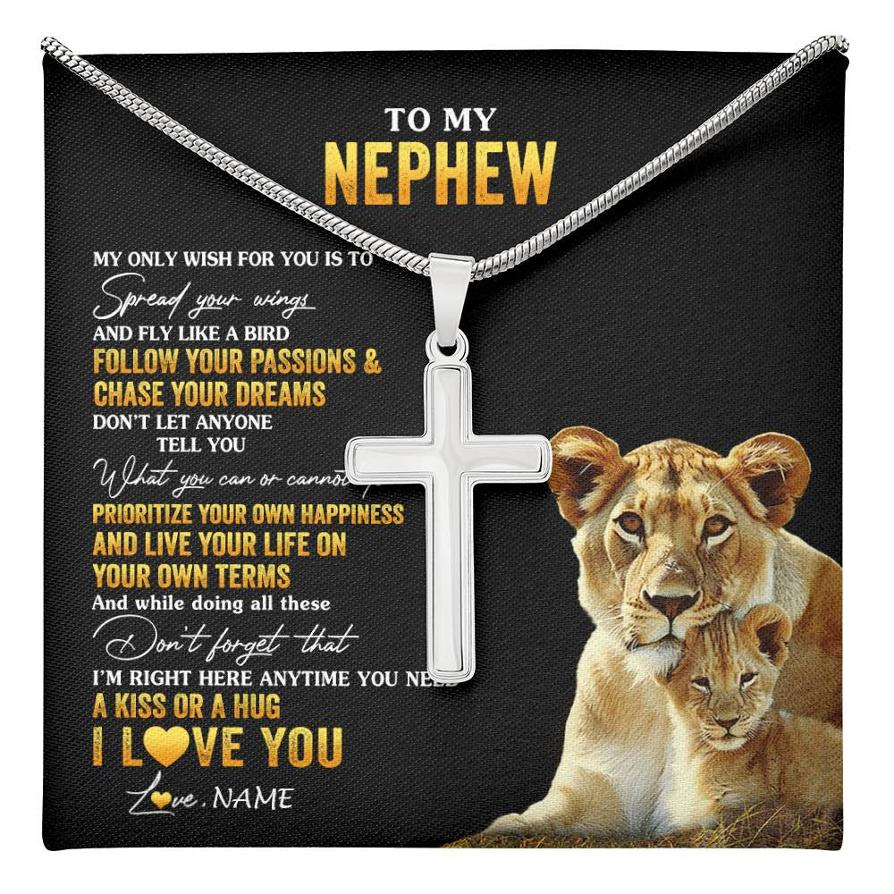 Stainless Cross Necklace Stainless Steel | 1 | Personalized To My Nephew Necklace From Aunt Aunty Lion My Only Wish For You Nephew Birthday Graduation Christmas Customized Gift Box Message Card | teecentury
