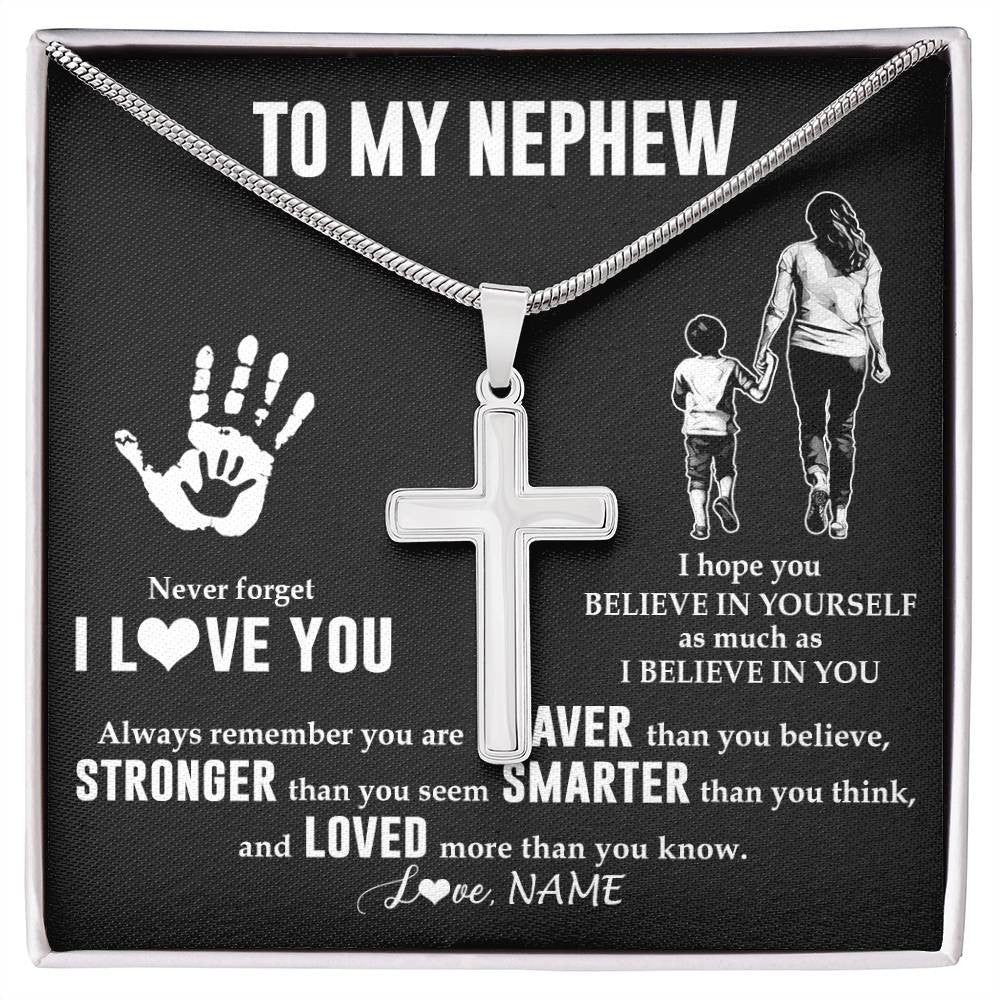 Stainless Cross Necklace Stainless Steel | 1 | Personalized To My Nephew Necklace From Aunt Never Forget I Love You Nephew Birthday Gifts Christmas New Year Graduation Customized Gift Box Message Card | teecentury