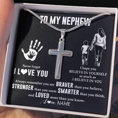 Stainless Cross Necklace Stainless Steel | 2 | Personalized To My Nephew Necklace From Aunt Never Forget I Love You Nephew Birthday Gifts Christmas New Year Graduation Customized Gift Box Message Card | teecentury