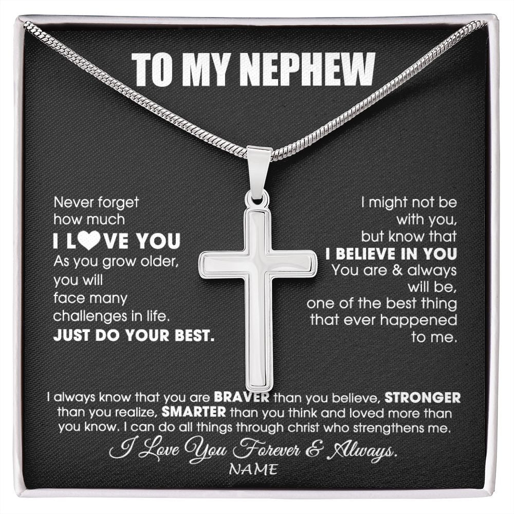 Stainless Cross Necklace | Personalized To My Nephew Necklace From Aunt Uncle Auntie Smarter Than You Think Nephew Birthday Christmas Customized Gift Box Message Card | teecentury
