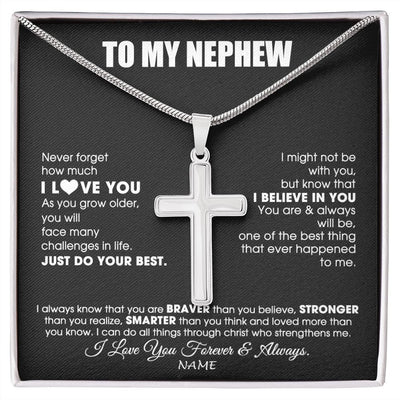 Stainless Cross Necklace | Personalized To My Nephew Necklace From Aunt Uncle Auntie Smarter Than You Think Nephew Birthday Christmas Customized Gift Box Message Card | teecentury