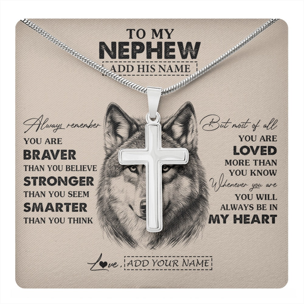 Stainless Cross Necklace Stainless Steel | 1 | Personalized To My Nephew Necklace From Aunt Uncle Auntie Wolf Braver Stronger Smarter Nephew Birthday Graduation Christmas Customized Gift Box Message Card | teecentury.myshopify