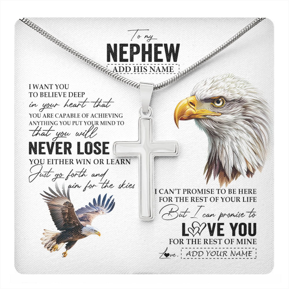 Stainless Cross Necklace Stainless Steel | 1 | Personalized To My Nephew Necklace From Aunt Uncle Auntie You Will Never Lose Eagle Nephew Birthday Gifts Graduation Christmas Custom Gift Box Message Card | teecentury