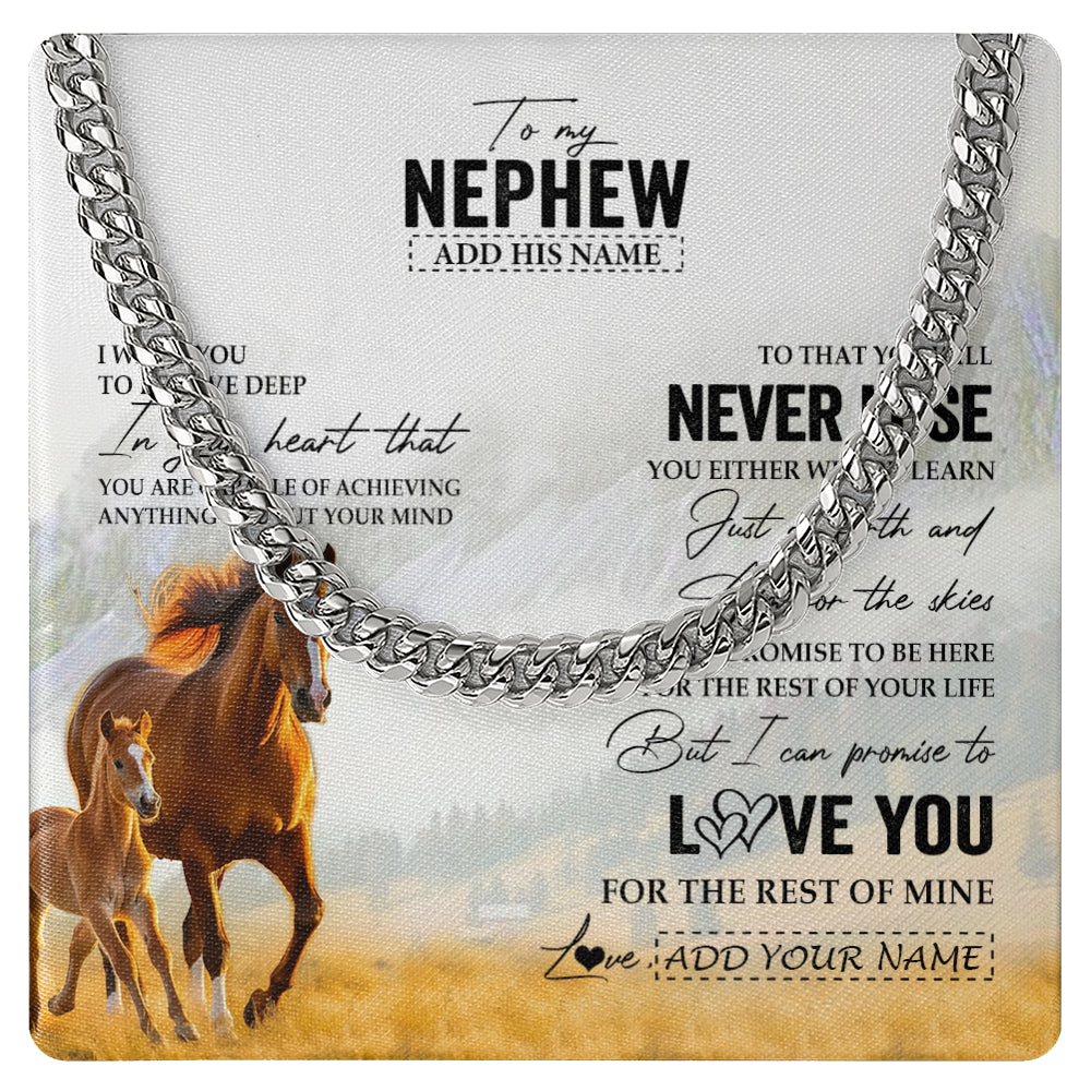 Cuban Link Chain Necklace Stainless Steel | 1 | Personalized To My Nephew Necklace From Aunt Uncle Auntie You Will Never Lose Horse Nephew Birthday Gifts Graduation Christmas Custom Gift Box Message Card | teecentury