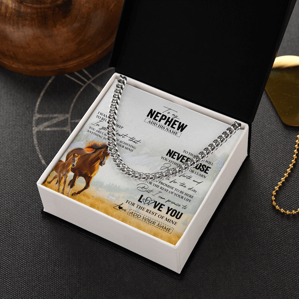 Cuban Link Chain Necklace Stainless Steel | 2 | Personalized To My Nephew Necklace From Aunt Uncle Auntie You Will Never Lose Horse Nephew Birthday Gifts Graduation Christmas Custom Gift Box Message Card | teecentury