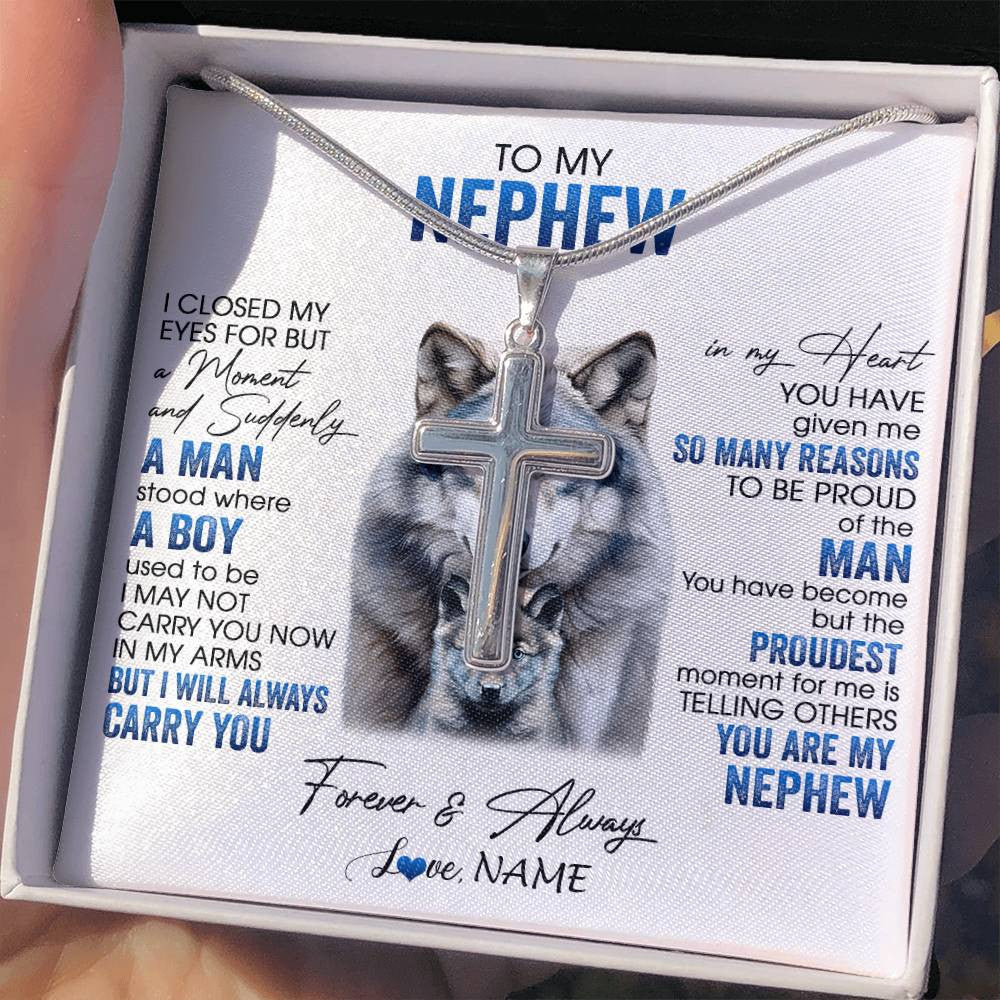 Stainless Cross Necklace Stainless Steel | 2 | Personalized To My Nephew Necklace From Aunt Uncle I Close My Eyes For But A Moment Wolf Nephew Birthday Gifts Christmas Customized Gift Box Message Card | teecentury