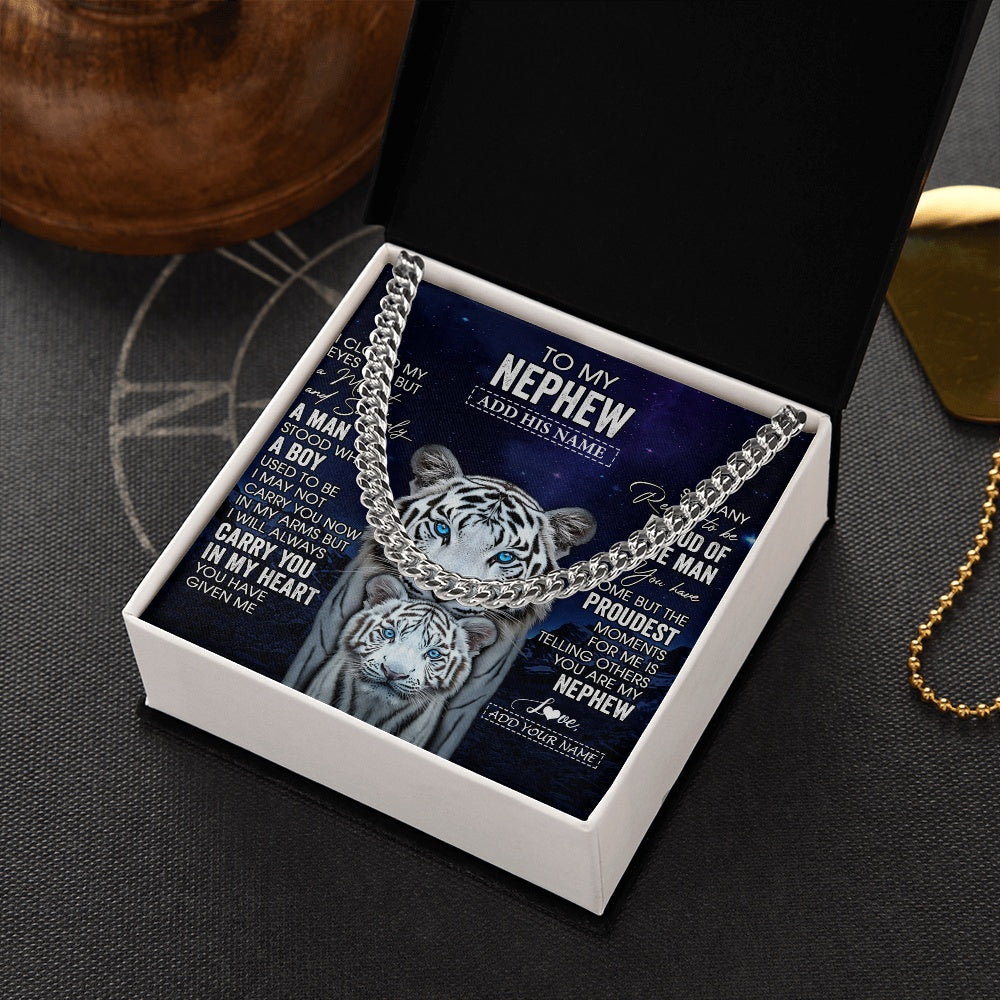 Cuban Link Chain Necklace Stainless Steel | 2 | Personalized To My Nephew Necklace From Aunt Uncle I Close My Eyes White Tiger Nephew Birthday Gift Graduation Christmas Custom Gift Box Message Card | https://teecentury.