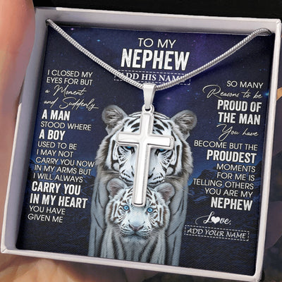 Stainless Cross Necklace Stainless Steel | 2 | Personalized To My Nephew Necklace From Aunt Uncle I Close My Eyes White Tiger Nephew Birthday Gift Graduation Christmas Custom Gift Box Message Card | https://teecentury.