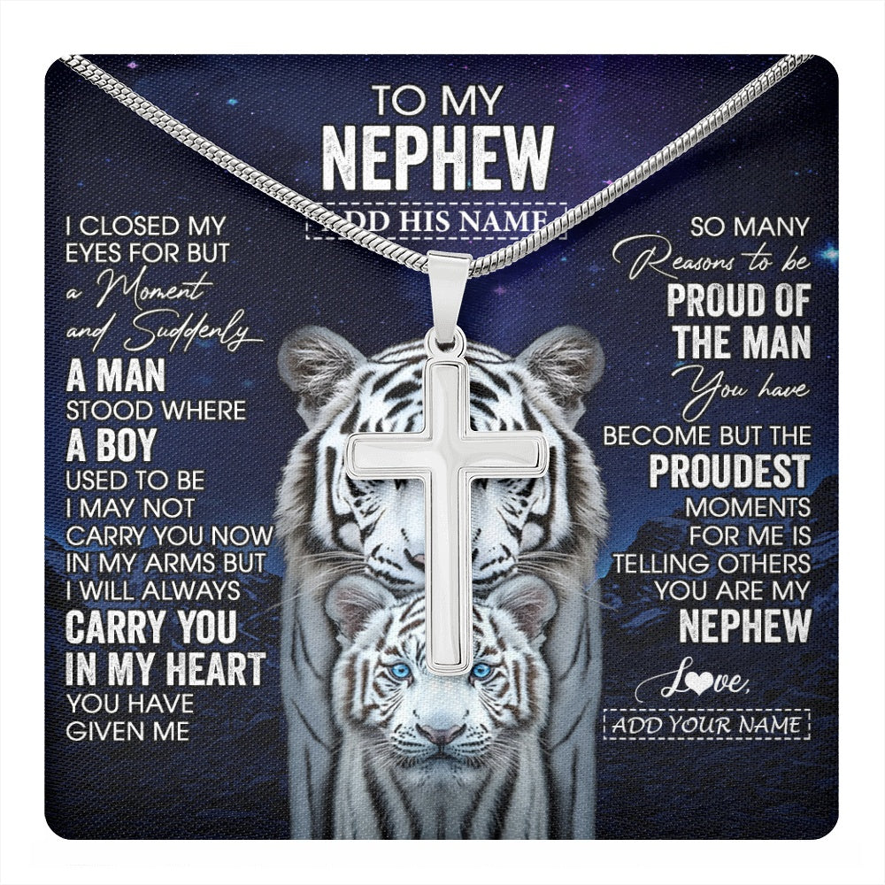 Stainless Cross Necklace Stainless Steel | 1 | Personalized To My Nephew Necklace From Aunt Uncle I Close My Eyes White Tiger Nephew Birthday Gift Graduation Christmas Custom Gift Box Message Card | https://teecentury.