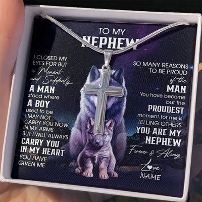 Stainless Cross Necklace Stainless Steel | 2 | Personalized To My Nephew Necklace From Aunt Uncle I Close My Eyes Wolf Nephew Birthday Gifts Graduation Christmas Customized Gift Box Message Card | teecentury