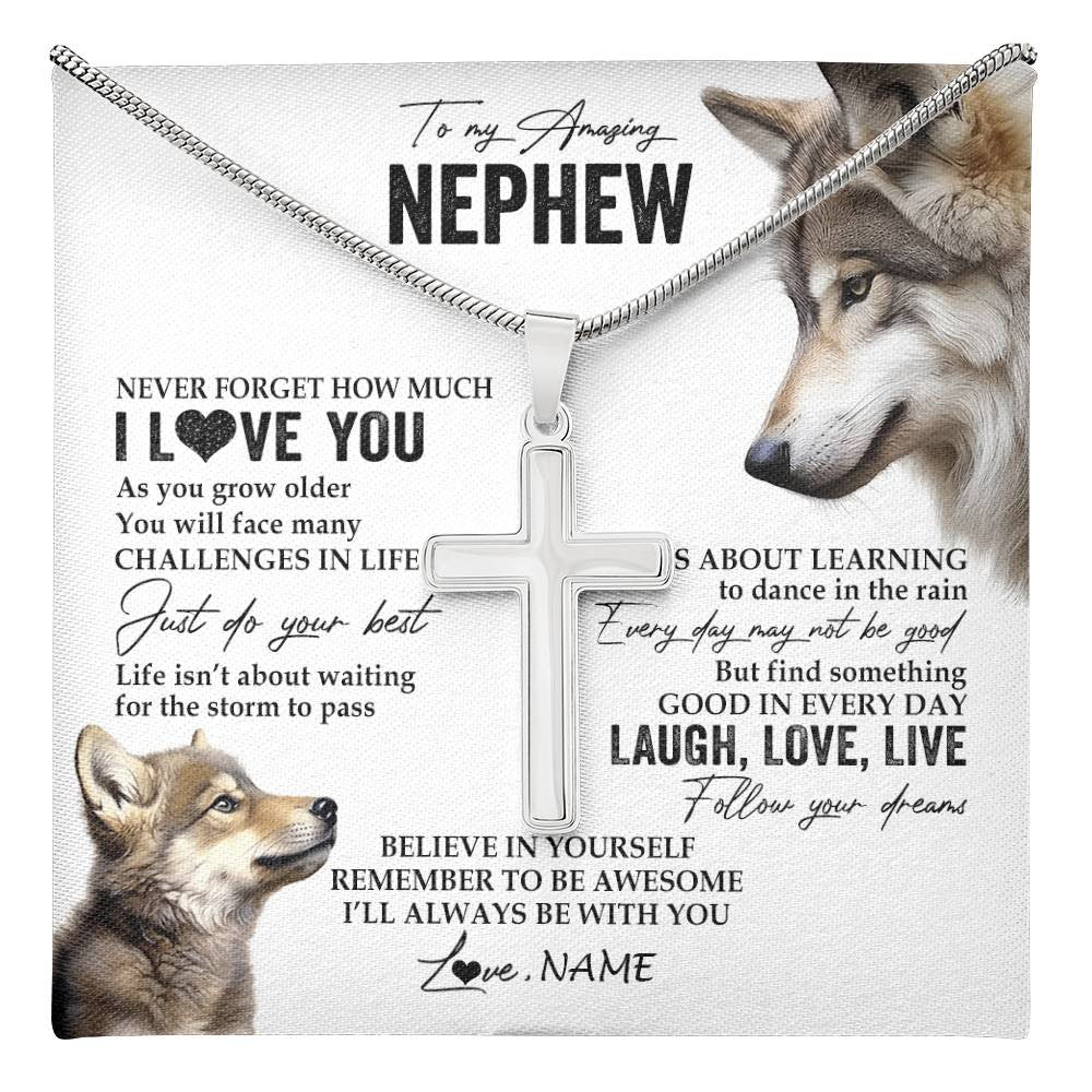 Stainless Cross Necklace Stainless Steel | 1 | Personalized To My Nephew Necklace From Aunt Uncle Just Do You Best Laugh Love Live Wolf Nephew Birthday Graduation Christmas Customized Gift Box Message Card | teecentury
