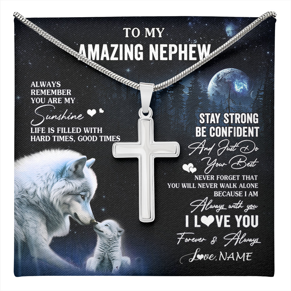 Stainless Cross Necklace Stainless Steel | 1 | Personalized To My Nephew Necklace From Aunt Uncle Moon Wolf Nephew Birthday Gifts Graduation Christmas Customized Gift Box Message Card | teecentury