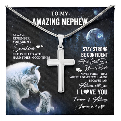 Stainless Cross Necklace Stainless Steel | 1 | Personalized To My Nephew Necklace From Aunt Uncle Moon Wolf Nephew Birthday Gifts Graduation Christmas Customized Gift Box Message Card | teecentury