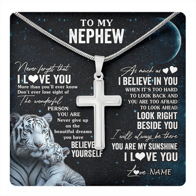 Stainless Cross Necklace Stainless Steel | 1 | Personalized To My Nephew Necklace From Aunt Uncle Never Forget I Love You White Tiger Nephew Birthday Graduation Christmas Customized Gift Box Message Card | teecentury