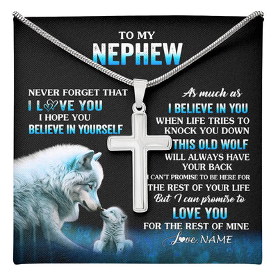 Stainless Cross Necklace Stainless Steel | 1 | Personalized To My Nephew Necklace From Aunt Uncle This Old Wolf Love Nephew Birthday Gifts Graduation Christmas Customized Gift Box Message Card | teecentury