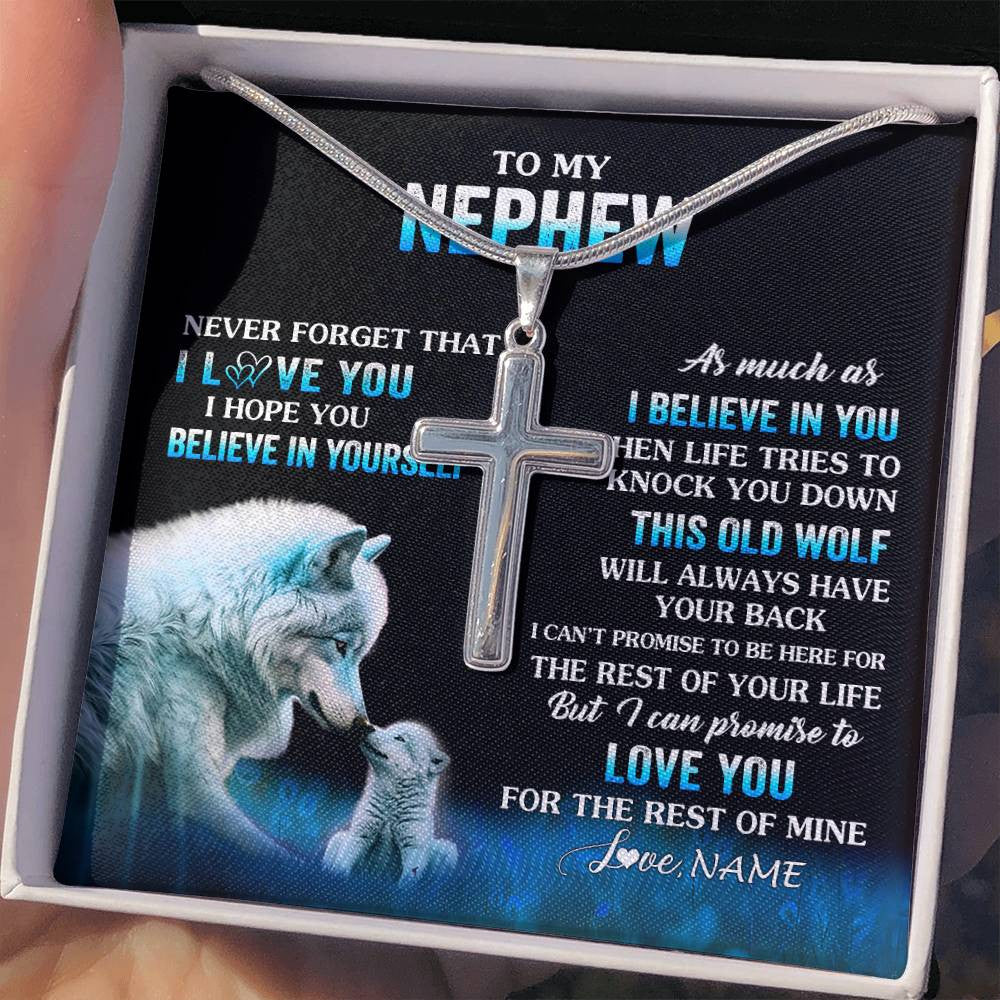 Stainless Cross Necklace Stainless Steel | 2 | Personalized To My Nephew Necklace From Aunt Uncle This Old Wolf Love Nephew Birthday Gifts Graduation Christmas Customized Gift Box Message Card | teecentury