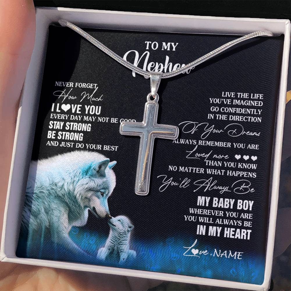 Stainless Cross Necklace Stainless Steel | 2 | Personalized To My Nephew Necklace From Aunt Uncle Wolf Never Forget How Much I Love You Nephew Birthday Gifts Christmas Customized Gift Box Message Card | teecentury