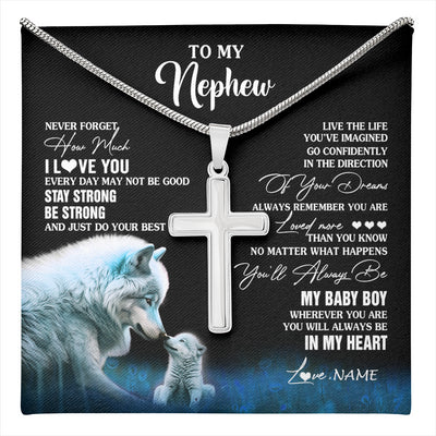 Stainless Cross Necklace Stainless Steel | 1 | Personalized To My Nephew Necklace From Aunt Uncle Wolf Never Forget How Much I Love You Nephew Birthday Gifts Christmas Customized Gift Box Message Card | teecentury