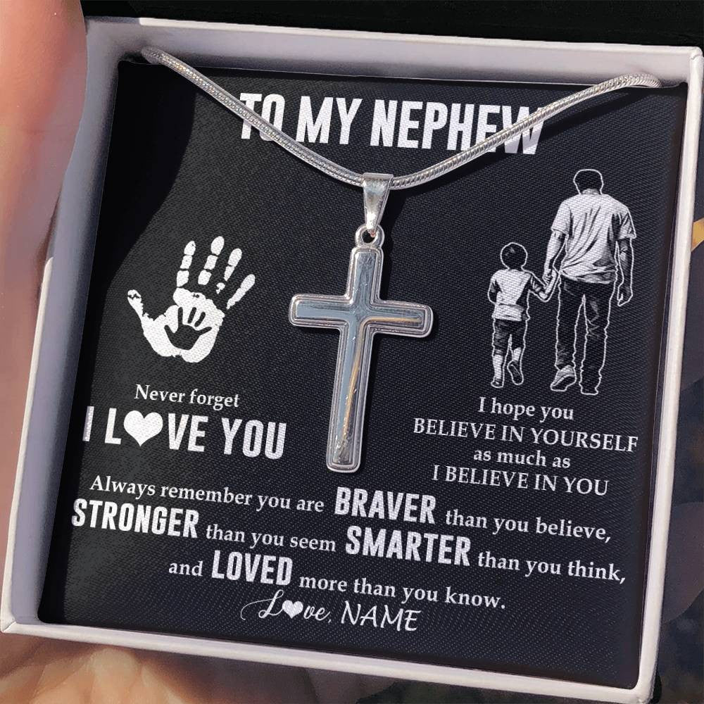 Stainless Cross Necklace Stainless Steel | 2 | Personalized To My Nephew Necklace From Uncle Never Forget I Love You Nephew Birthday Gifts Christmas New Year Graduation Customized Gift Box Message Card | teecentury