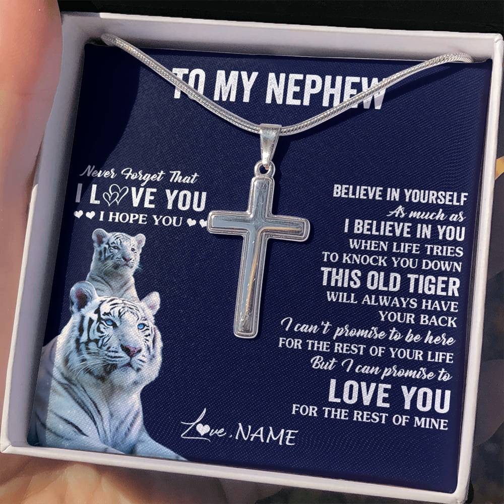 Stainless Cross Necklace Stainless Steel | 2 | Personalized To My Nephew Necklace Gift From Aunt Uncle This Old Tiger Love You Nephew Birthday Graduation Christmas Custom Customized Gift Box Message Card | teecentury
