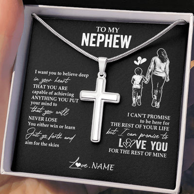 Stainless Cross Necklace Stainless Steel | 2 | Personalized To My Nephew Necklace You Will Never Lose From Aunt Auntie Nephew Birthday Gifts Graduation Christmas Customized Gift Box Message Card | teecentury