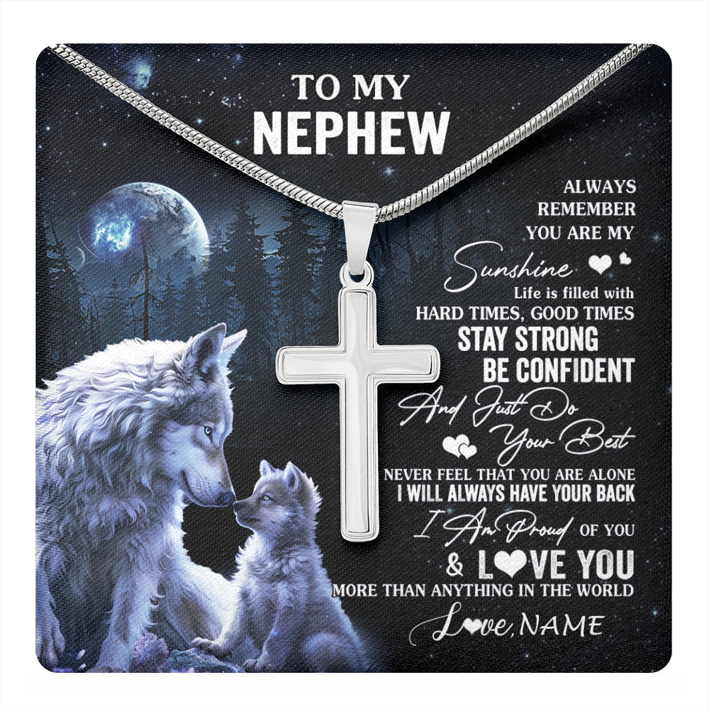Stainless Cross Necklace Stainless Steel | 1 | Personalized To My Nephew Wolf Necklace From Aunt Uncle Auntie Always Remember Nephew Birthday Graduation Christmas Customized Gift Box Message Card | teecentury