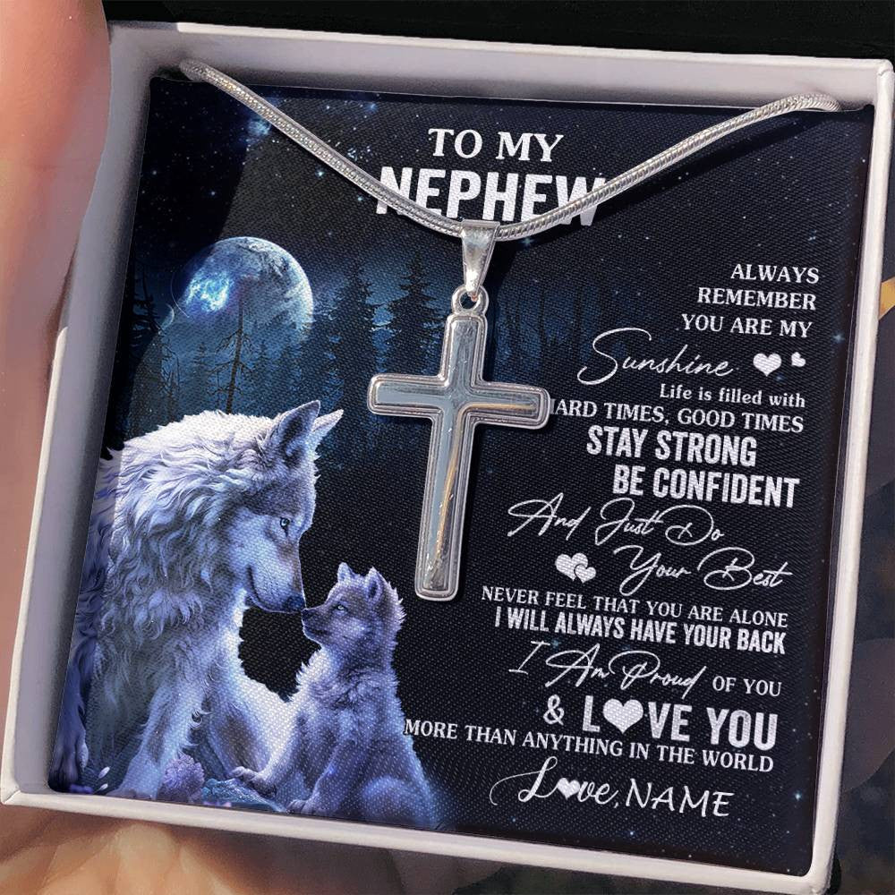 Stainless Cross Necklace Stainless Steel | 2 | Personalized To My Nephew Wolf Necklace From Aunt Uncle Auntie Always Remember Nephew Birthday Graduation Christmas Customized Gift Box Message Card | teecentury