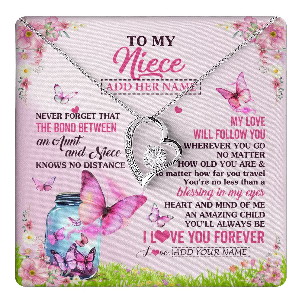 Forever Love Necklace 14K White Gold Finish | 1 | Personalized To My Niece Butterfly Necklace From Aunt Auntie The Bond Between Niece Birthday Gifts Graduation Christmas Custom Jewelry Gift Box Message Card | https://teecentury.
