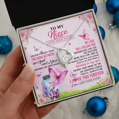 Forever Love Necklace 14K White Gold Finish | 2 | Personalized To My Niece Butterfly Necklace From Aunt Auntie The Bond Between Niece Birthday Gifts Graduation Christmas Custom Jewelry Gift Box Message Card | https://teecentury.