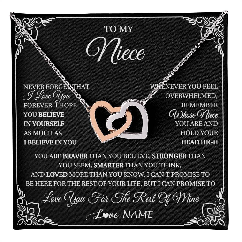 Interlocking Hearts Necklace Stainless Steel & Rose Gold Finish | 1 | Personalized To My Niece Gift From Aunt Uncle Necklace I Love You Believe In You Niece Birthday Gifts Graduation Christmas Customized Gift Box Message Card | teecentury