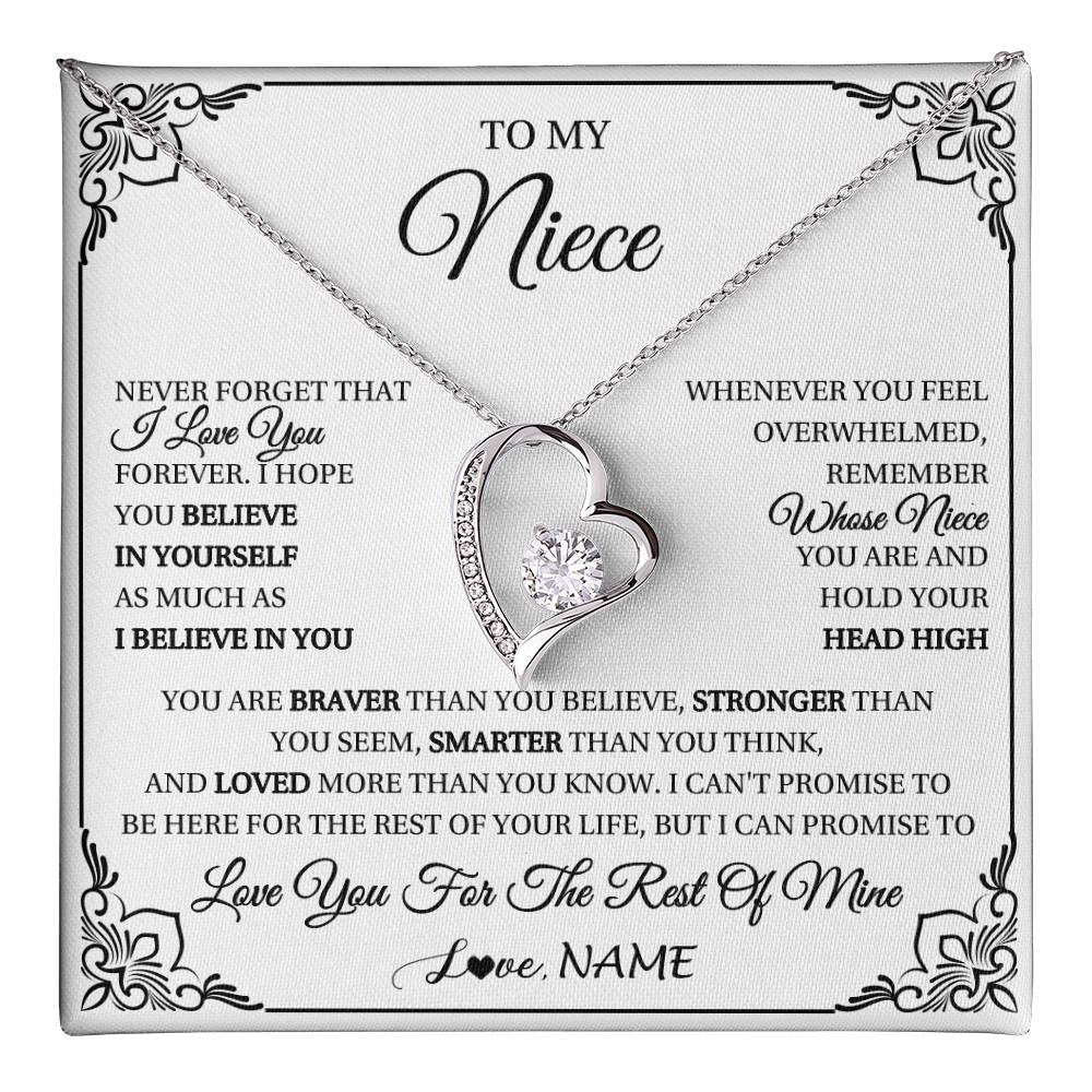 Forever Love Necklace 14K White Gold Finish | 1 | Personalized To My Niece Gift Necklace From Aunt Uncle I Love You Believe In You Niece Birthday Gifts Graduation Christmas Customized Gift Box Message Card | teecentury