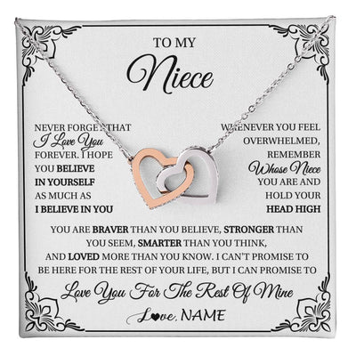 Interlocking Hearts Necklace Stainless Steel & Rose Gold Finish | 1 | Personalized To My Niece Gift Necklace From Aunt Uncle I Love You Believe In You Niece Birthday Gifts Graduation Christmas Customized Gift Box Message Card | teecentury