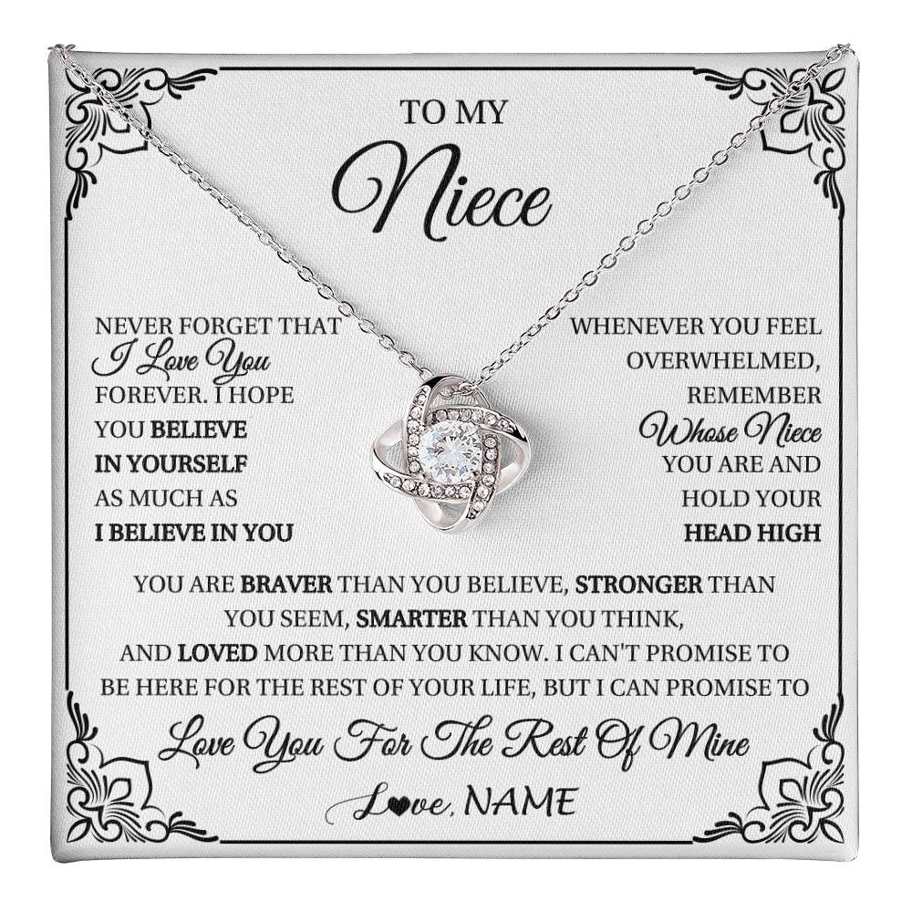 Love Knot Necklace 14K White Gold Finish | 1 | Personalized To My Niece Gift Necklace From Aunt Uncle I Love You Believe In You Niece Birthday Gifts Graduation Christmas Customized Gift Box Message Card | teecentury