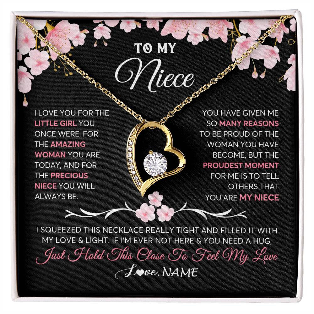 Forever Love Necklace 18K Yellow Gold Finish | 1 | Personalized To My Niece Gifts Ecklace From Aunt Uncle Love Precious Niece Jewelry Birthday Graduation Christmas Customized Gift Box Message Card | teecentury