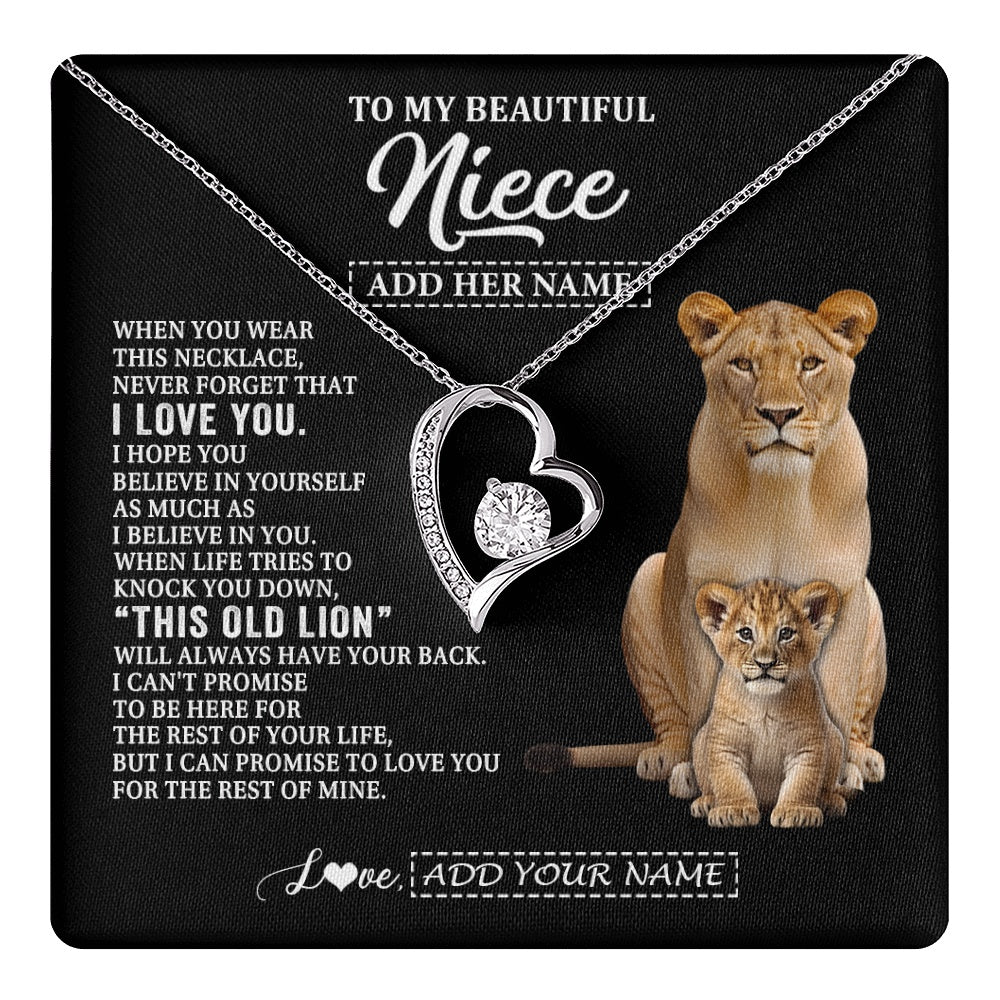 Forever Love Necklace 14K White Gold Finish | 1 | Personalized To My Niece Gifts From Aunt Auntie Necklace This Old Lion Love You Niece Birthday Gifts Graduation Christmas Jewelry Custom Gift Box Message Card | https://teecentury.